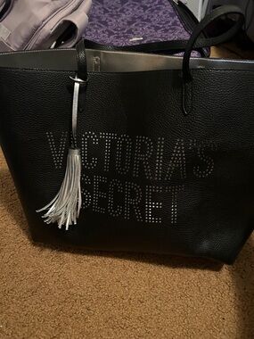 Victoria's Secret Black Tote with Silver Stud Logo and Tassel